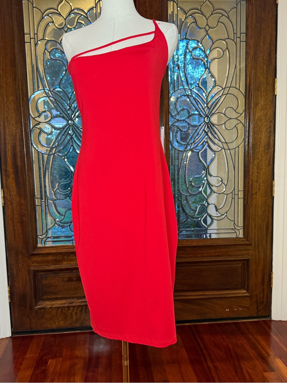 NWT Susana Monaco Perfect Red One Shoulder Midi Dress Size L